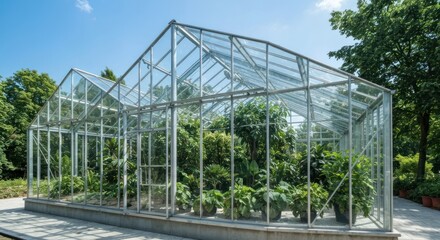 Fototapeta premium Glass greenhouse with plants under a clear blue sky