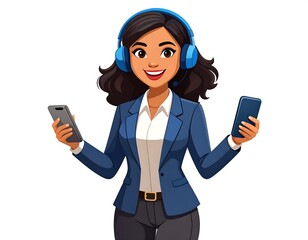 Smiling businesswoman with headphones and phones
