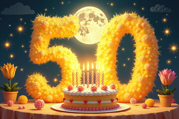 A yellow cake with red and white candles, surrounded by flowers and a large '50' decoration, under a full moon.