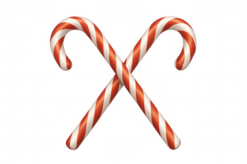 Two traditional red and white striped candy canes crossing, representing christmas holiday celebrations. Transparent background