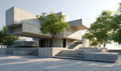 A modern concrete building with open spaces and green trees, featuring clean lines and geometric structure.