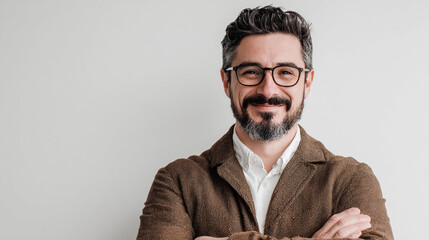 Obraz premium Smiling man poses confidently in casual attire with arms crossed