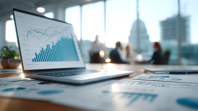A laptop shows financial graphs with documents on a desk in an office, indicating business data analysis.