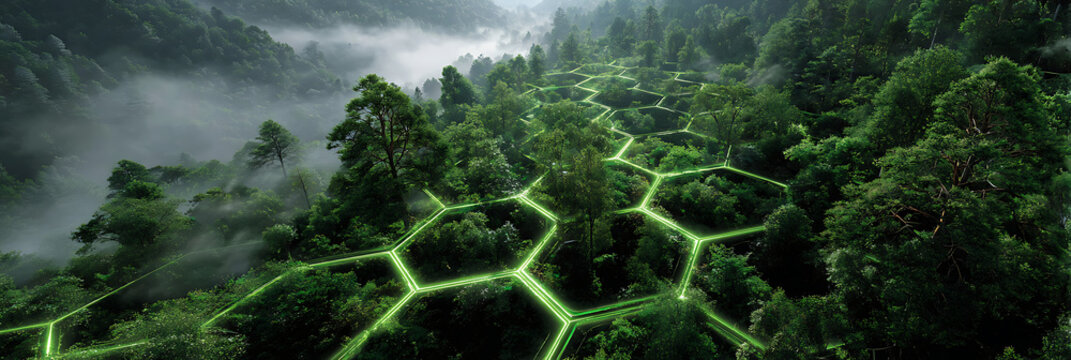 An aerial view of a lush green forest overlaid with a glowing neon green honeycomb grid pattern, symbolizing the intersection of nature, technology, and connectivity.
