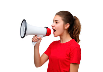 Young caucasian woman in red shirt using megaphone to speak out on transparent background