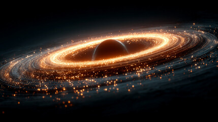 Abstract cosmic scene of a black hole system with glowing accretion disk and event horizon set against a star field, illustrating gravity singularity and deep space science wallpaper.