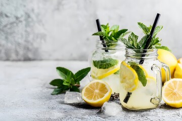 Refreshing Lemonade With Mint On Marble Surface