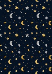 Enchanting celestial pattern with shimmering stars and serene moons