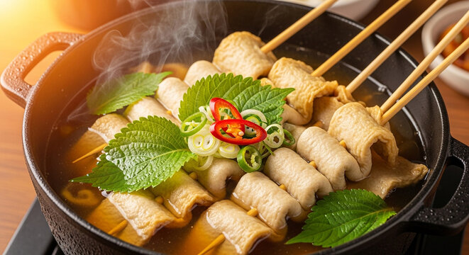 Closeup steaming korean fish cake soup eomuktang in black pot, with skewers fish cakes, fresh perilla leaves, and sliced chili pepper, popular korean comfort food