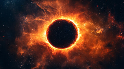 Abstract cosmic scene of a black hole system with glowing accretion disk and event horizon set against a star field, illustrating gravity singularity and deep space science wallpaper.