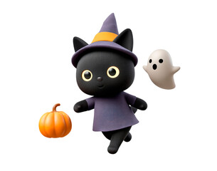 Cute cartoon black cat witch with pumpkin and ghost on transparent background
