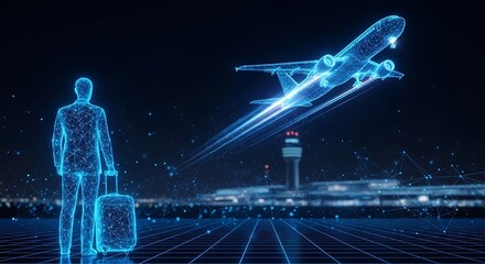 Futuristic travel concept showing passenger with luggage watching vibrant airplane take off into a digital sky, perfect for travel technology concepts