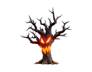 Spooky glowing tree with menacing face on transparent background