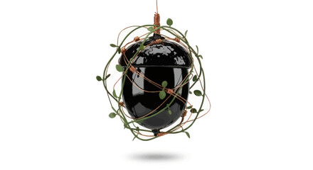 Artistic depiction of a black acorn ornament with vines and copper accents on white © hidayati