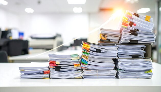 Stacked documents on a table in an office - Powered by Adobe