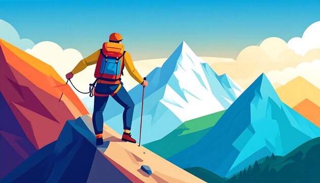 Hiker on mountain peak, vibrant landscape - Powered by Adobe