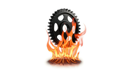 Fiery drive gear against a neutral backdrop symbolizing mechanical intensity and burning performance