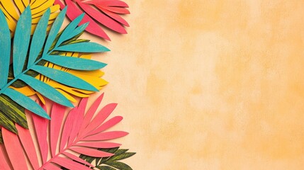 Colorful tropical leaves abstract decorative background. Vibrant summer nature pattern. Decorative foliage and botanical design, modern art, stylish template, cheerful composition, creative