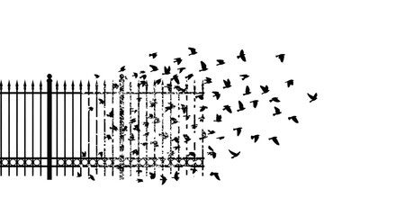 Freedom's flight: A silhouette of birds escaping a rustic gate to embrace the open sky