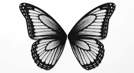 Intricate ink drawing of butterfly wings in monochrome against a plain background