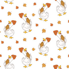 cute goose autumn seamless pattern, thanksgiving goose illustration design, cozy fall goose. 