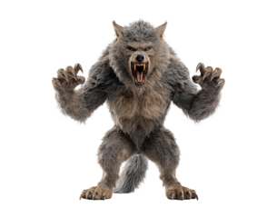 Ferocious werewolf with sharp claws and fierce expression on transparent background