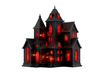 Gothic haunted house with eerie red windows at night on transparent background