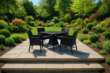 Outdoor patio furniture set in green garden
