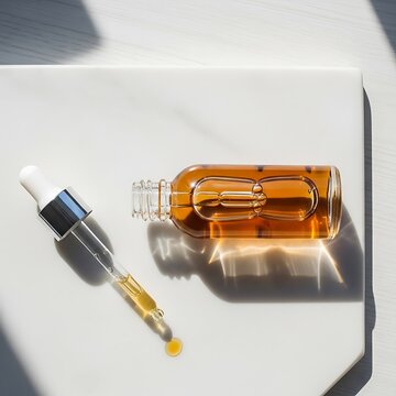 Luxurious beauty elixir in glass bottle with dropper application setup