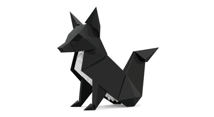 Origami fox in dark paper with clean geometric shapes demonstrating the art of folding