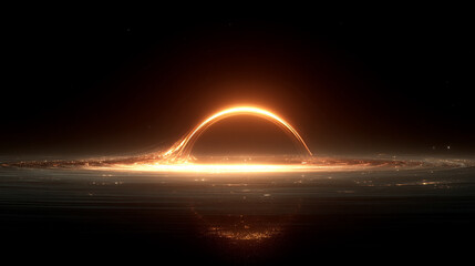 Abstract cosmic scene of a black hole system with glowing accretion disk and event horizon set against a star field, illustrating gravity singularity and deep space science wallpaper.
