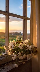 Fototapeta premium Sunset view from a window with flowers