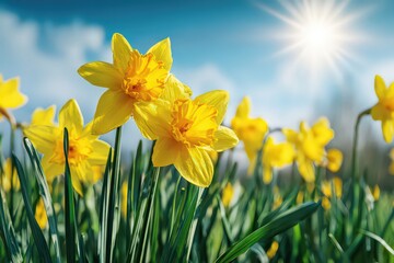 Yellow Daffodils In Sunny Field