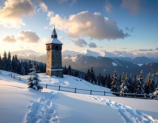 Snowy mountain landscape with ancient tower