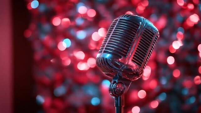 Vintage microphone against a backdrop of vibrant, out-of-focus holiday lights