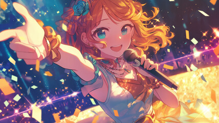 80s風アニメ調の女性が夜の都会に佇むシティポップイラスト・全身・パーティードレス・昭和テイスト・街灯り・ファッション・ノスタルジー・背景ぼかし・ストック用