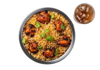 Chicken biryani with drink isolated on transparent background