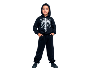 Child in skeleton hoodie costume for halloween standing confidently on transparent background