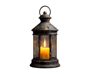 Rustic metal lantern with candle glow in dim light setting on transparent background