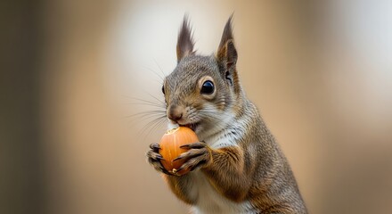 Adorable Red Squirrel Eating Nut with Closeup Nature Portrait, and Brown Blurred Background.