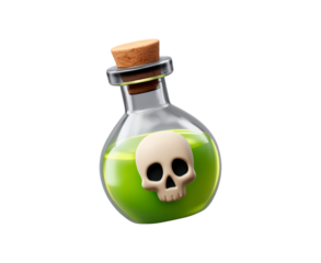 Green potion with skull symbol in glass bottle on transparent background