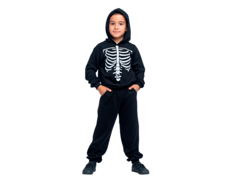 Child in skeleton hoodie costume for halloween standing confidently on transparent background