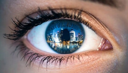 Fototapeta premium Cityscape Reflected in Blue Eye Futuristic Vision with Urban Dreams, CloseUp, and Night View.