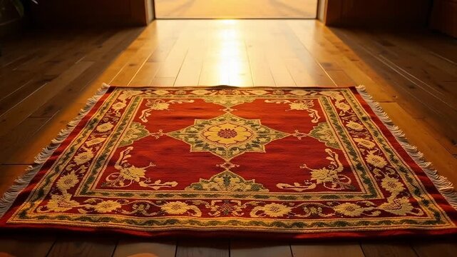 Warm sunbeams illuminate a beautifully detailed traditional rug on a polished wooden floor, creating an inviting, cozy atmosphere.