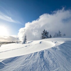 Snowy mountain landscape with clouds