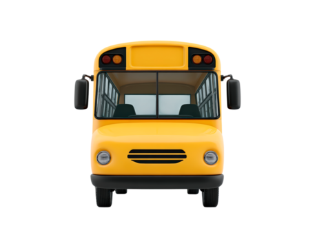 Front view of classic yellow school bus on transparent background
