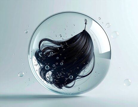 Fluid black hair in a glass sphere