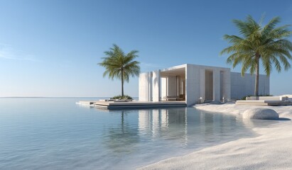 A modern beach house with palm trees situated by the calm sea, featuring a minimalist design and serene waterfront setting.
