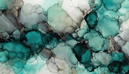Abstract fluid art with teal, grey, and gold tones