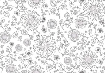 Monochrome floral pattern with sunflowers and leaves decorative elements